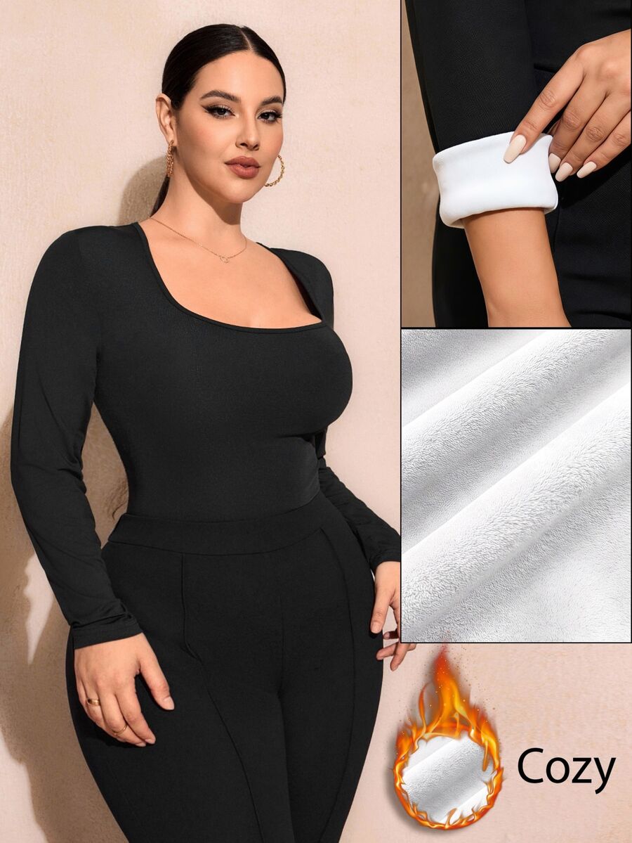 SHEIN SXY 黑色保暖內裡方領長袖修身連身衣 - 黑色 - 查看 1
