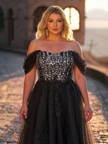 Aureia Plus Size Elegant Luxurious Beaded Embroidered Contrast Mesh Off-Shoulder Hanging Sleeve Applique Design Voluminous Extra Large Dress Suitable For Evening Party, Bachelorette Party, Date, Ball, Vacation, Wedding, Event Evening Gown (Heavy Workmanship Style) - Black - View 10