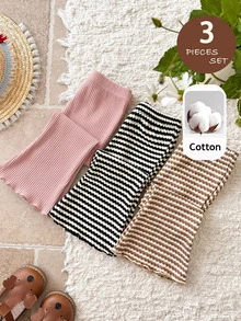 SHEIN LMoss Kids LMoss 3件組女嬰針織純色條紋休閒喇叭褲套裝 - 粉色 - 查看 1