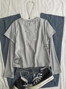 Attitoon Women's Patchwork Striped Long Sleeve 2 In 1 Casual T-Shirt - Grey - View 2