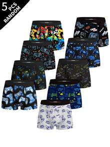 5pcs Random Assorted Tween Boys Boxer Briefs, Multiple Game Console Cartoon Prints, Soft Skin-Friendly, Elastic Waistband, Boys Daily Boxer Underwear - Grey - View 1