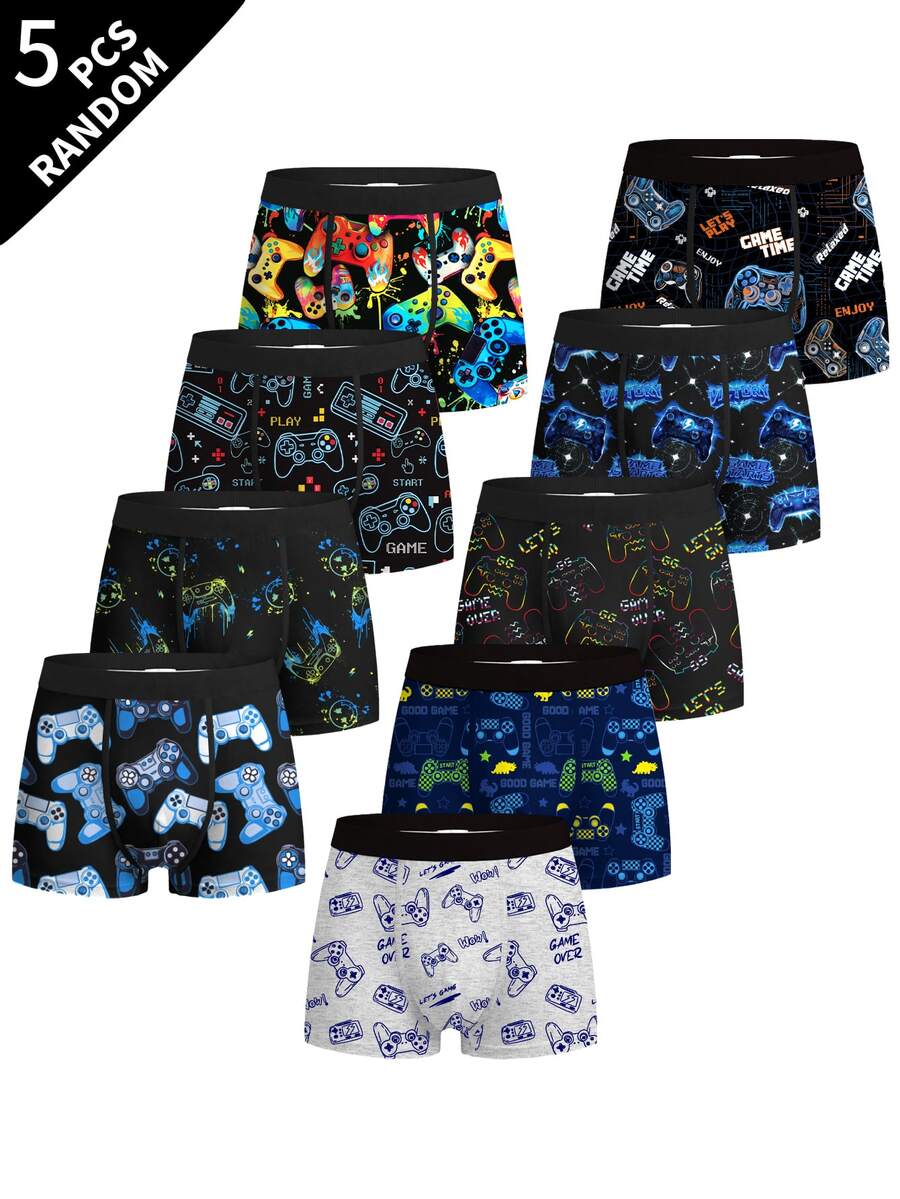 5pcs Random Assorted Tween Boys Boxer Briefs, Multiple Game Console Cartoon Prints, Soft Skin-Friendly, Elastic Waistband, Boys Daily Boxer Underwear - Grey - View 1