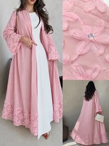 Yasmyna Women Spring Autumn Outfit Gentle Pink 3D Floral Beaded Open Abaya Elegant Flare Sleeve Maxi Cardigan For Family Gathering Engagement Wedding Guest - Pink - View 5