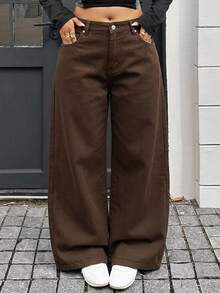 Dazy Plus Loose Fit Solid Color Street Casual Curved Leg Long Jeans With Rivet Design, Spring/Autumn/Winter - Brown - View 4