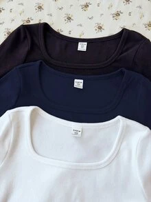 SHEIN Tween女孩秋冬新款休閒極簡舒適針織抓絨素色方領長袖T恤 3件組 - 藏蓝色 - 查看 4