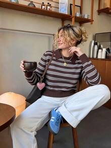 INAWLY Sweater Pullover Berkerah Henley Bergaris Berlapis untuk Komuter, Bisnis, Serbaguna, Harian, Kencan, Kantor - Coffee Brown - View 7