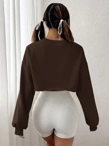 SHEIN EZwear 女款字母印花牛仔落肩長袖休閒短版衛衣 - 棕色 - 查看 2