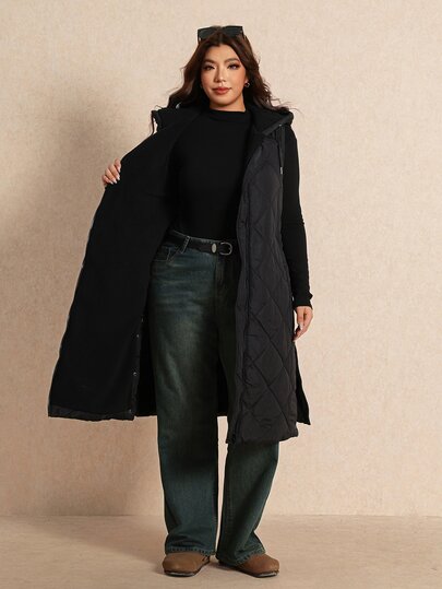 Elaquor Plus Size Women's Casual Black Sleeveless Zip Up Drawstring Hooded Longline Quilted Winter Coat, Autumn/Winter