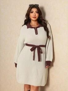 Elaquor Plus Size Women's Autumn/Winter Contrast Color Polo Collar Lantern Sleeve Belted Sweater Dress - Multicolor - View 6