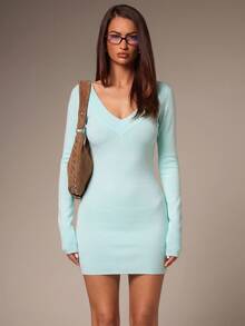 Athîral Women's Casual V-Neck Water Blue Sweater Mini Dress - Blue - View 1