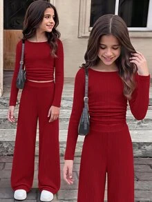 SHEIN Serisse Kids 兒童青少年女孩粉色秋季休閒羅紋套裝，兩款露肩口袋T恤上衣搭配直筒長褲，百搭返校兩件套 - 紅色 - 查看 6