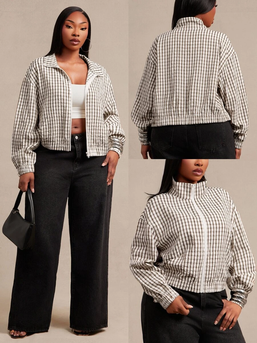 SHEIN SXY Áo khoác nữ size lớn họa tiết kẻ ô, kéo khóa, tay dài, mùa thu - Màu be - Xem 1
