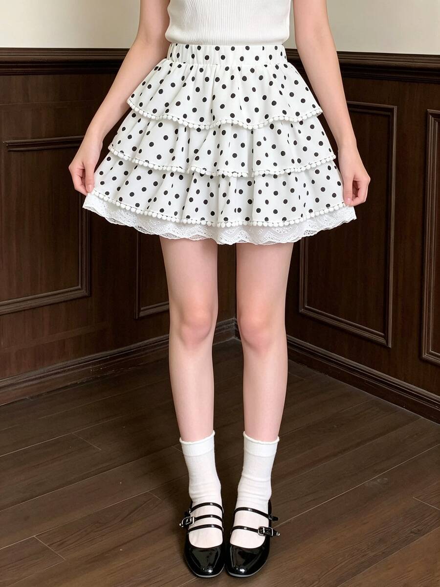 Young Girl Fashion Polka Dot Print Multi-Layer Ruffle Hem Mini Skirt ...