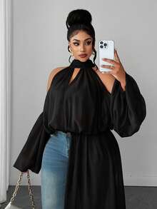 Maweii Plus Size Women's Solid Color Cold Shoulder Casual Daily Wear Blouse - Black - View 2