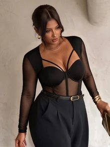 Firerie Plus Size Sexy Mesh Patchwork Fishbone Bodysuit - Black - View 4