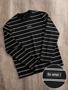 Manfinity Joysei Standard Size Men's Long Sleeve T-Shirt, "So What" Letter Patch Design, Casual Versatile - Black - View 1