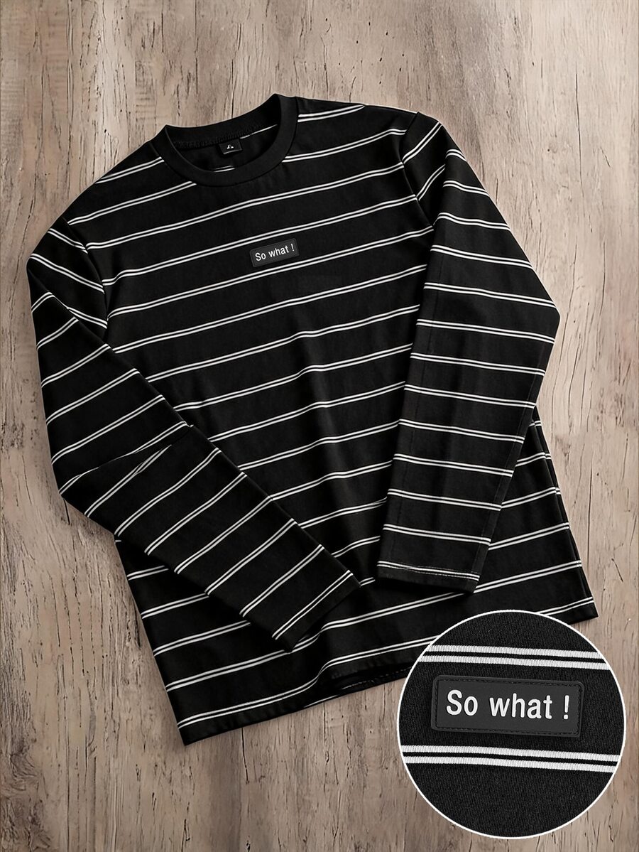 Manfinity Joysei Standard Size Men's Long Sleeve T-Shirt, "So What" Letter Patch Design, Casual Versatile - Black - View 1