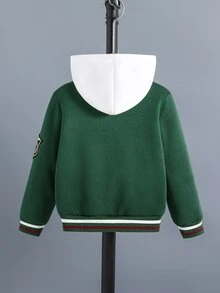 SHEIN Genkimix Kids 男童復古大學棒球夾克，酷炫雪尼爾字母貼布與徽章刺繡森林綠壓扣飛行夾克，聖誕節，Noël - 墨綠色 - 查看 2