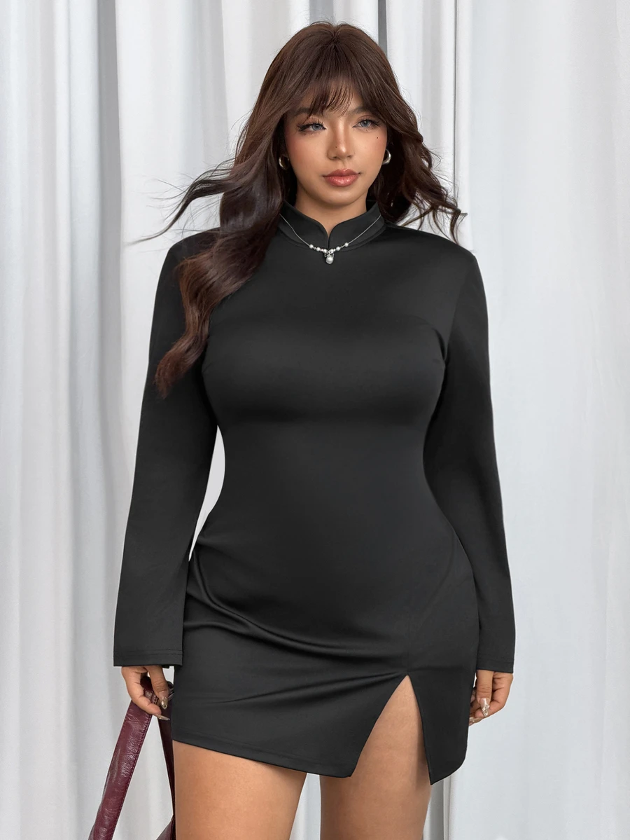 GalTyme Plus Size Women's Solid Color Cheongsam Collar Long Sleeve Side Slit Hem Fitted Dress - Black - View 1