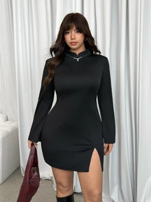 GalTyme Plus Size Women's Solid Color Cheongsam Collar Long Sleeve Side Slit Hem Fitted Dress - Black - View 3