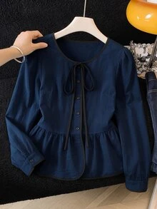 SHEIN 新款對比飾邊圓領繫腰荷葉邊下擺泡泡長袖女式襯衫，優雅休閒度假可愛通勤風，適合辦公室、旅行、假日、日常穿著，春夏秋季 - 藏蓝色 - 查看 3