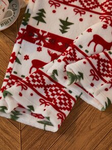 Dream Adore Women's Christmas Element Print Plush Pajamas With Bow Decor, Soft And Comfortable For Autumn/Winter, Women's Sleep Pants, Perfect Holiday Gift For Sleeping - Red - View 6