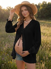 Boho Mama Maternity V-Neck Casual Everyday Outing Blouse - Black - View 3
