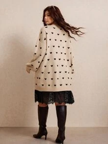 Elaquor Plus Size Women's Lace Patchwork All-Over Print Casual Daily Knit Dress Winter - Apricot - View 2