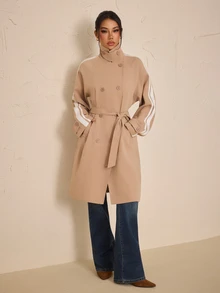 SHEIN PETITE Jaket Trench Coat Kasual Serbaguna dengan Ikat Pinggang dan Desain Blok Warna untuk Wanita - Khaki - View 5