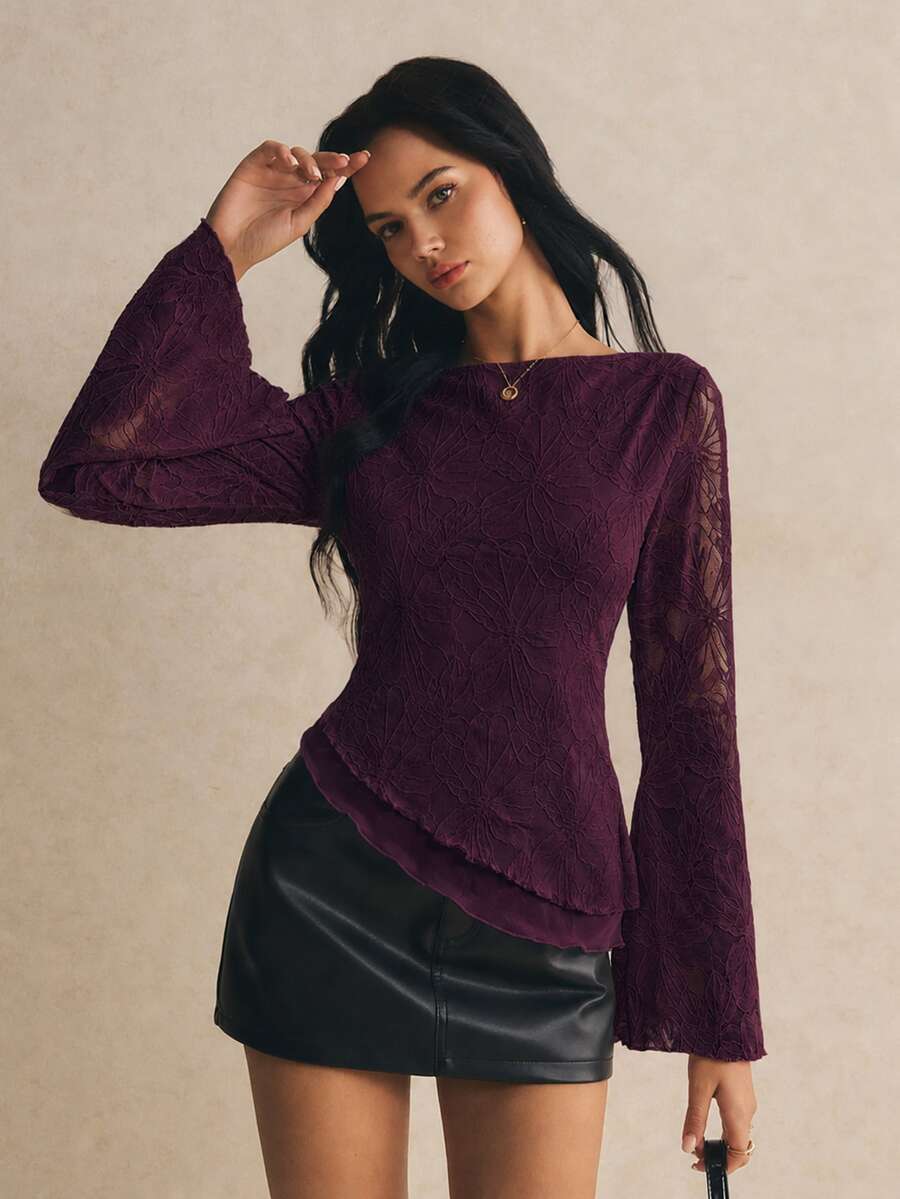 Poéselle Women's Floral Print Slim Fit Versatile Daily Wear Bell Sleeve T-Shirt - Red Violet - View 1