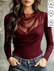 SHEIN 女款純色拼接網紗百褶長袖時尚T恤 - 酒紅色 - 查看 1
