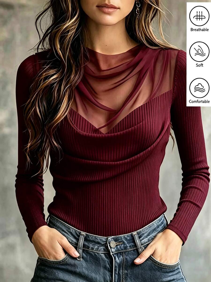 SHEIN 女款純色拼接網紗百褶長袖時尚T恤 - 酒紅色 - 查看 1