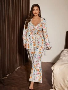 Slumberist Ditsy Floral Sexy Camisole Top, Pajama Pants And Tie-Front Robe Loose Fit Loungewear 3 Pieces Set - White - View 6