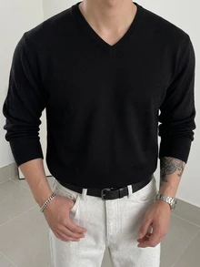 DAZY 秋冬黑色小V領長袖韓系男士保暖內搭毛衣 - 黑色 - 查看 1