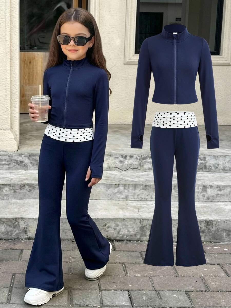Firerie Kids Tween Girls Tween Girl Navy Blue Knit Cardigan Set, Casual Versatile Daily Fashion, New Autumn/Winter - Navy Blue - View 1