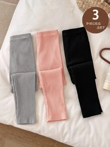 LMoss Kids LMoss 3件組少女純色修身休閒內搭褲，聖誕款，舒適秋冬款，保暖舒適 - 彩色 - 查看 1
