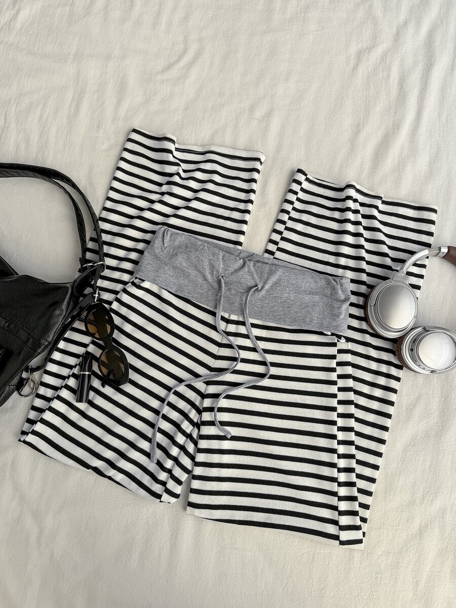 Attitoon 女款條紋抽繩腰休閒寬鬆長褲 - 黑與白 - 查看 1