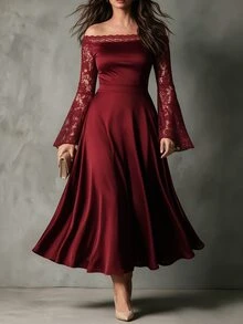 Velvienne Women's Plus Size Solid Color Collar Lace Patchwork Elegant Party Dress, Lace Long Sleeve Patchwork Dress - Burgundy - View 7
