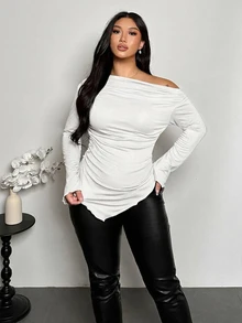 Firerie Plus Size Women Solid Color Asymmetrical Shoulder Ruched Casual Daily Long Sleeve T-Shirt - White - View 7