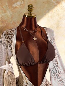 Amplova Women's 3 Pieces Solid Color Bikini Set Ruffled Bell Sleeve Cover-Up, Vintage Sexy Avant-Garde, Cute Mini Swimwear Hot Springs Beach Brown Summer - Brown - View 2