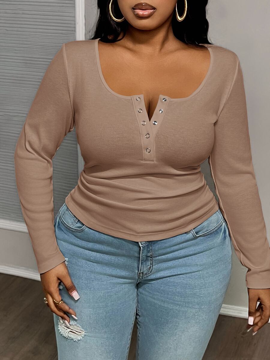 Slaydiva Camiseta de manga larga de talla grande casual versátil blanca de corte slim con cuello en U profundo -C Otoño - Café integral - Ver 1