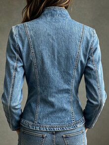 SHEIN Women's Fashion Denim Effect Print Button Decor Shirt - Blue - View 2
