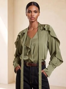 Vesra Women's Elegant Ruffle V-Neck Tie Long Sleeve Satin Blouse - Olive Green - View 3