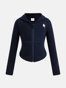 SHEIN 女童秋冬新款加厚抓絨針織海軍藍外套兩件套，可愛卡通印花休閒日常百搭返校運動風，柔軟舒適 - 藏蓝色 - 查看 8