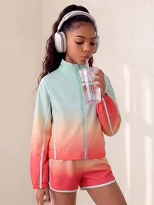 SHEIN Tween Girls Activewear Woven Gradient 2-Piece Set, Gradient Print Sports Jacket + Gradient Print Running Shorts, Suitable For Casual Sports And Yoga, All Season - Orange - View 1