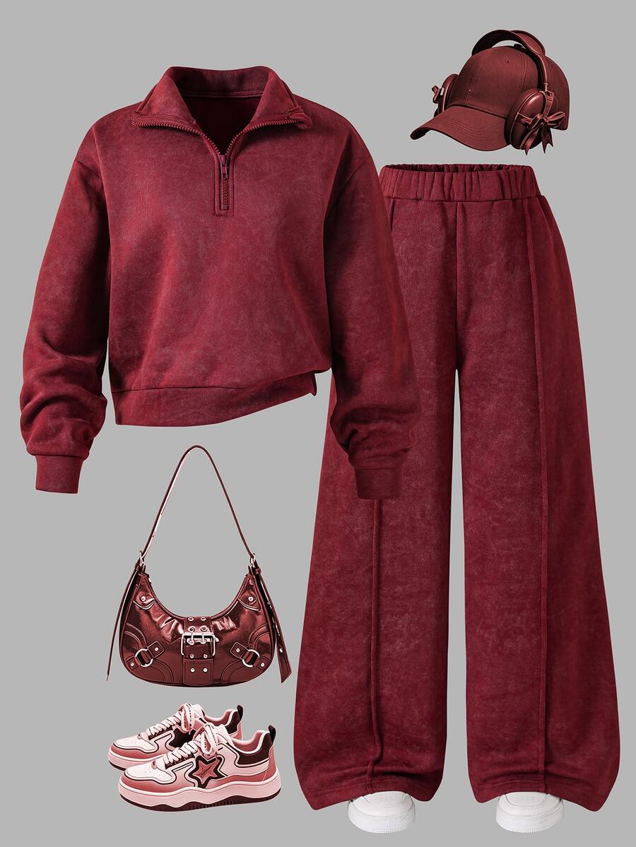 SHEIN Sparklyn 女童休閒兩件套,長袖抓絨,秋冬春季穿搭,紐約字母印花立領衛衣與短褲 - 酒紅色 - 查看 1