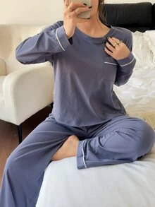 Napfluff طقم بيجامة نسائي من القطن 100% محبوك مريح بتصميم حواف وأكمام طويلة - أزرق بحري - مشاهدة 4