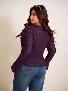 Elaquor Plus Size Women's Fashion Top With Ruffle Collar, Front Tie And Bell Sleeves - Purple - View 2