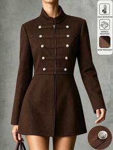 Yalmera Women's Autumn/Winter Solid Color Double-Breasted Zipper Placket Napoleon Overcoat - Brown - View 9