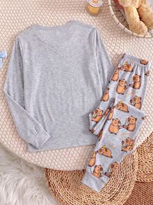 Girls Round Neck Cute Pattern Print Long Sleeve Pants Knit Loungewear 2 Pieces Set - Comfortable Soft, High Elasticity Snug Fit - Multicolor - View 2